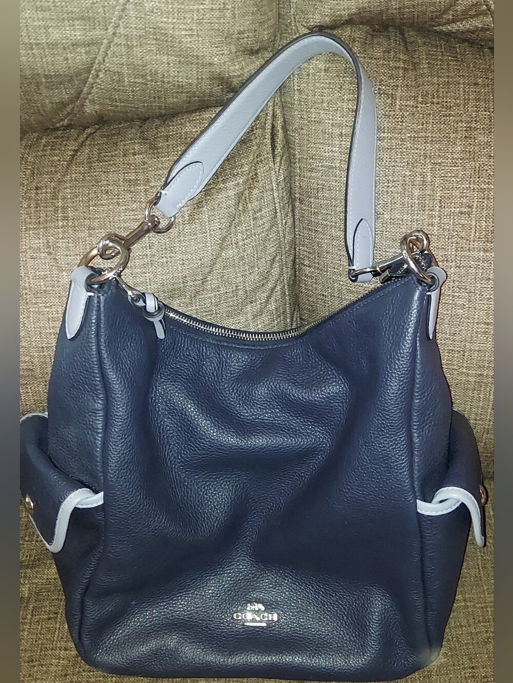 Coach Navy Pebbled Pennie Leather Shoulder Bag with Light Blue Trim C5673